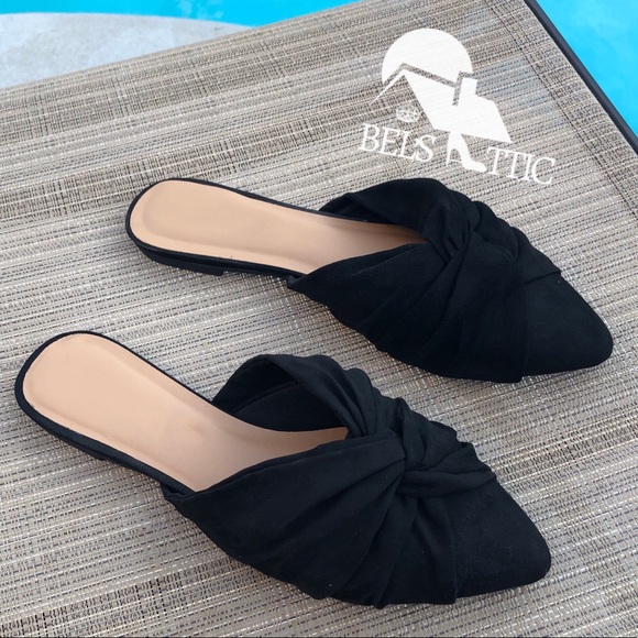 Shoes - Knotted Vegan Suede Slip On Black Mule Slides